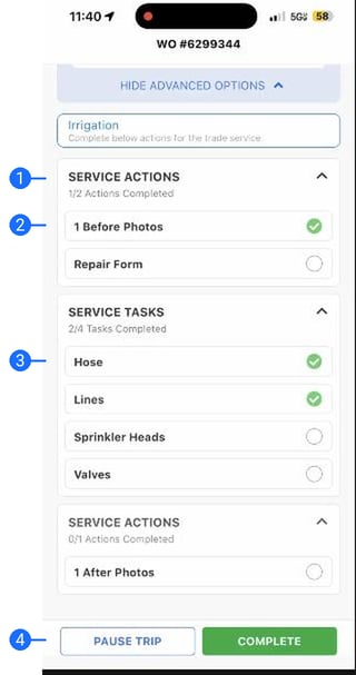 Service Actions and Service Tasks on a Trip in the UtilizeCore mobile app