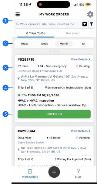My Work Orders screen in the UtilizeCore mobile app