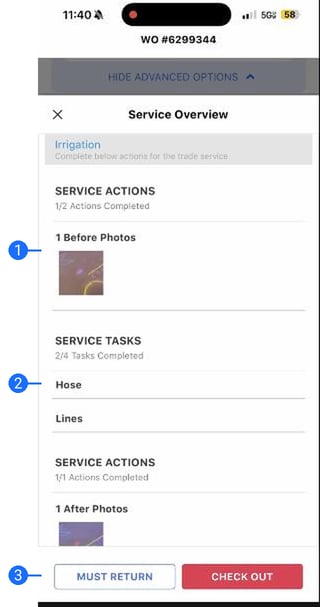 Service Overview screen in the UtilizeCore mobile app